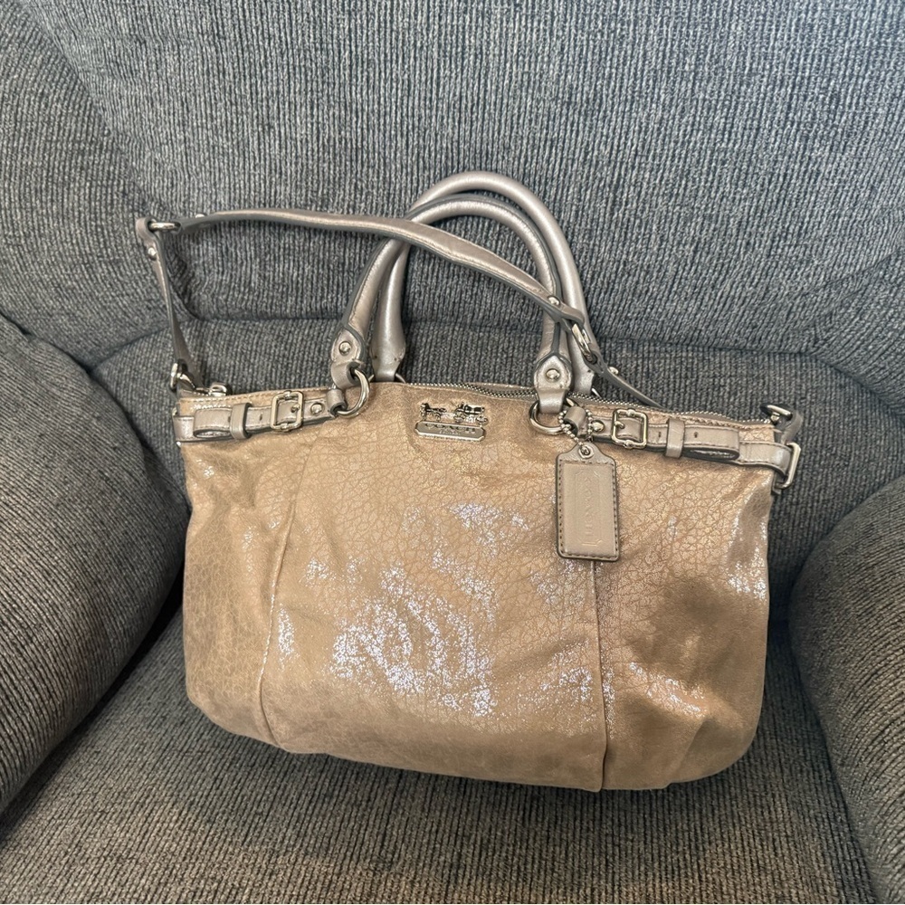 Coach Tan Metallic  Madison Satchel with Double Handles and Detachable Strap - Picture 3 of 15